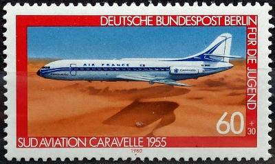 WEST BERLIN: MiNr.619 Sud Aviation Caravelle (1955) 60pf+30pf ** 1980