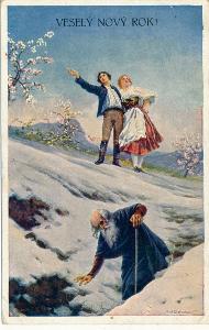 Přání, Nový rok, zasněžená symbolika, 1925, Liebscher