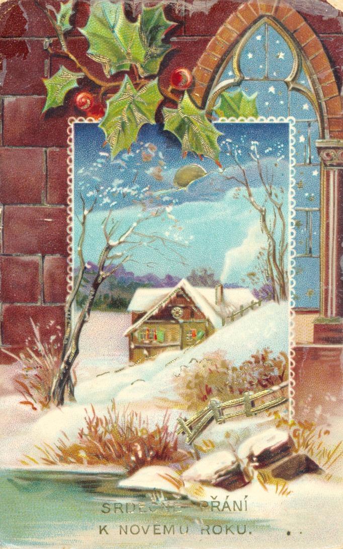 Přání, Nový rok, zasněžená krajina, 1910, zlacená - Pohlednice
