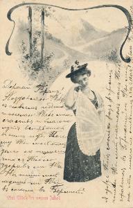 Přání, Nový rok, zasněžená krajina, secese, žena,1905,