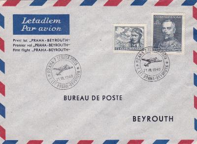 Letecká pošta, 1. let Praha-Bejrút 1948, příl. obálka, s přích.