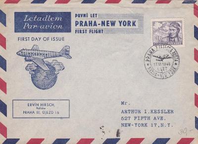 Letecká pošta, 1. let Praha-New York, USA 1946, s přích.