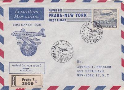 R- Praha, letecká pošta, 1. let Praha-New York, USA 1946, s přích.