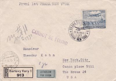 R- Karlovy Vary, letecká pošta, 1. let Praha-New York, USA 1946.