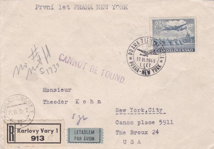 R- Karlovy Vary, letecká pošta, 1. let Praha-New York, USA 1946. - Filatelie