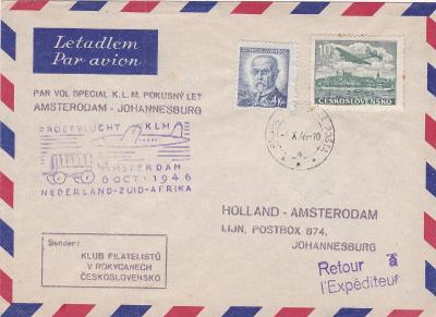 Klub Rokycany, letecká pošta, Praha 1946 -Jižní Afrika, Johannesburg.