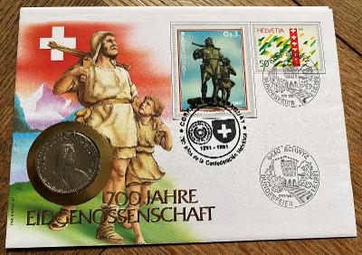 Mincovní dopis - 700 let konfederace - Švýcarsko - 5 fr -  1988