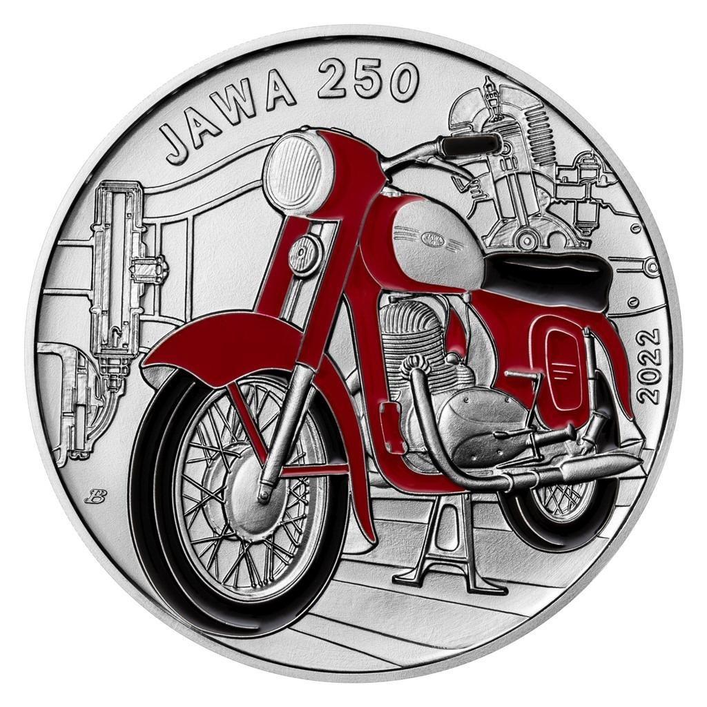 Strieborná Kč 2022 Motocykel Jawa 250 stand, BK, ČNB - Numizmatika