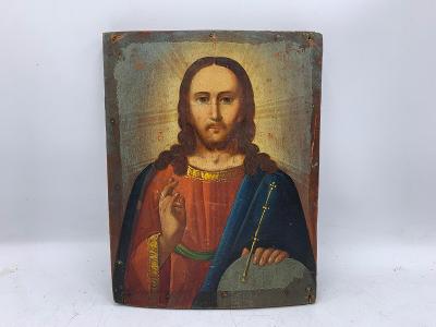 Ježíš Kristus - stará olejomalba ma dřevě - krásná ikona - signovaná