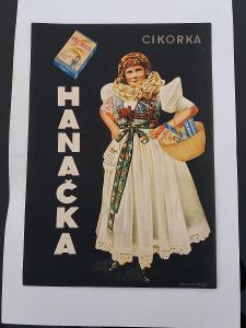 Reklamní cedule CIKORKA HANAČKA z poč. První republiky 34x48cm karton