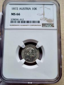 Stříbrný 10krejcar 1872bz ,F.J I ,raritni hodnocení MS66