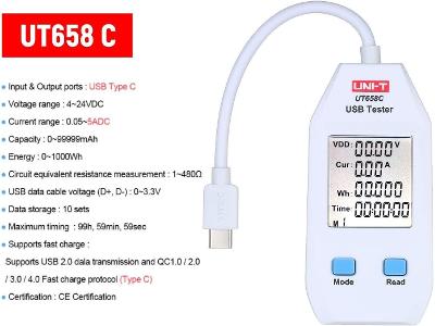 UNI-T UT658C USB-C Power Meter,Capacity Tester,Voltmetr,Ampérmetr,LCD