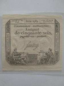 Francie assignat 50 sols 23.5.1793.  Francouzská republika 