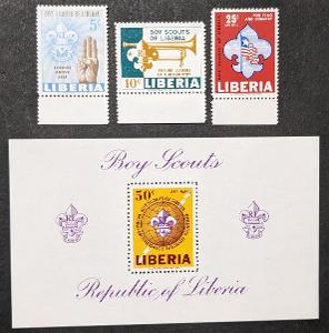Libérie 1965, skauti, série 3ks známek + 1ks aršík