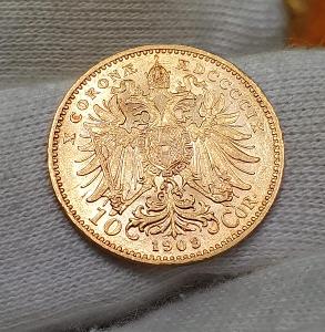 Krásná  zlatá mince rakouská 10 koruna 1909Bz. Marschall 