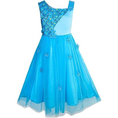 Dětské, dívčí společenské šaty s květinami - modré, vel. 122
