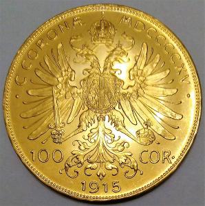 zlatá minca - 100 Korún - 1915 BZ - FRANTIŠEK JOSEF I.