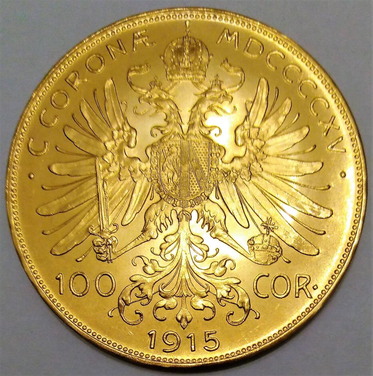 zlatá minca - 100 Korún - 1915 BZ - FRANTIŠEK JOSEF I. - Numizmatika