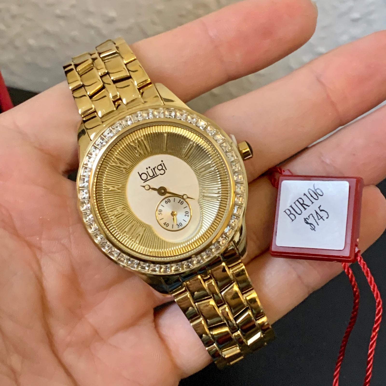 Zlaté hodinky swiss quartz Burgi so Swarovski - Šperky a hodinky