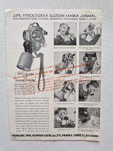 Starý reklamní prospekt plynová maska LPS Chema Olomouc Lutín 1937