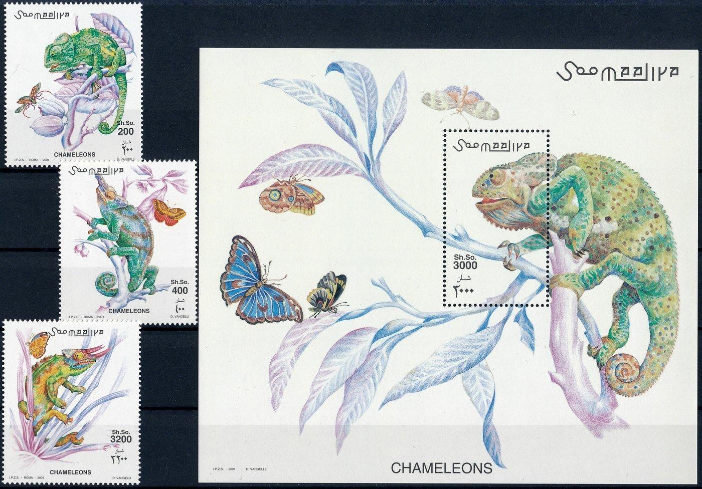 Somálsko 2001 **/Mi. 882-4 + Block 78 komplet chameleóni plazy /L22/ - Tematické známky