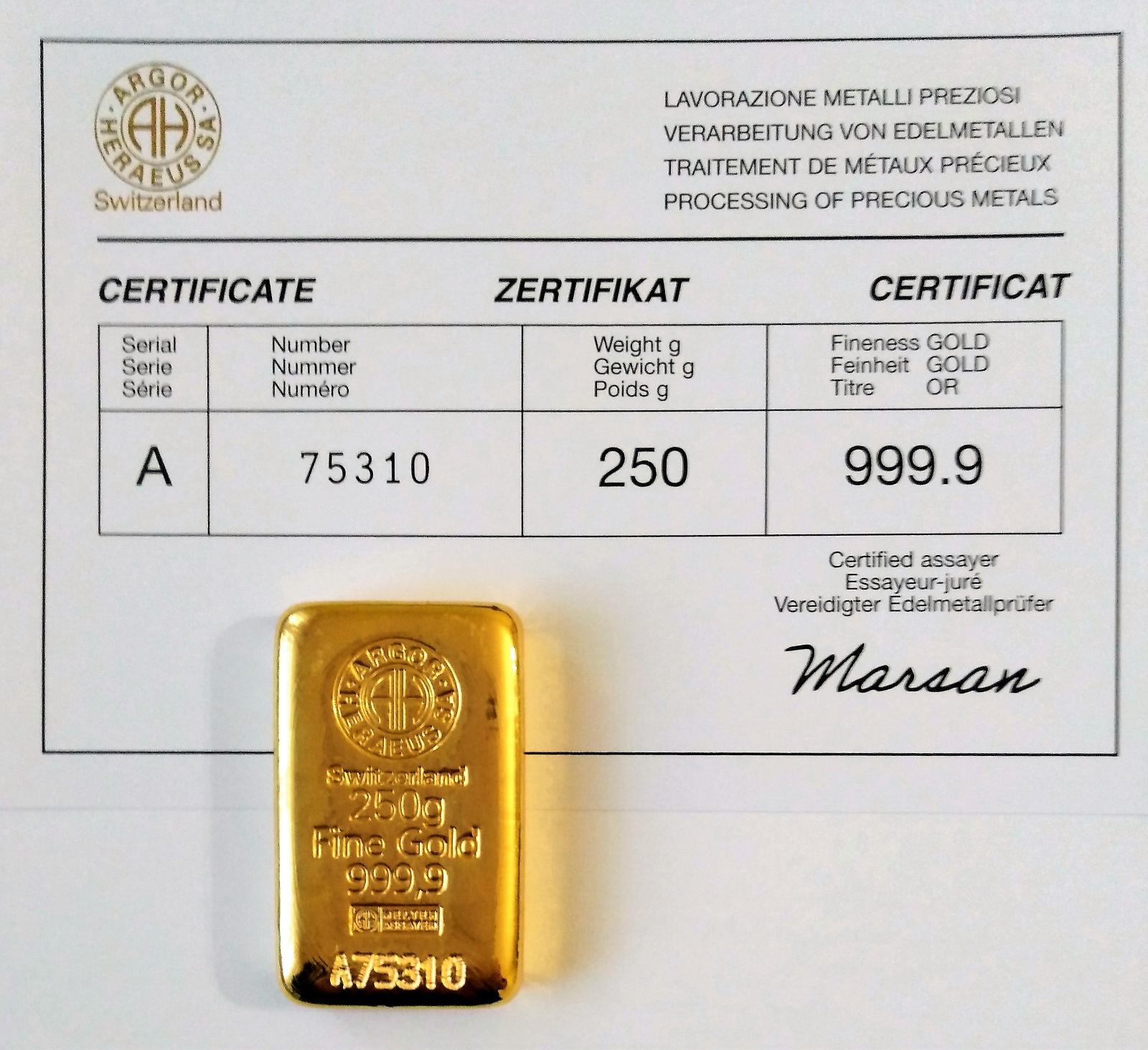 250 g - Argor-Heraeus - Investičné zlato - 999,9/1000 - Numizmatika