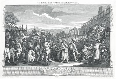 Řeč před popravou, Hogarth, mědiryt, 1747