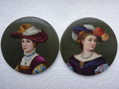 Secese - miniatura na porcelánu - portrét dámy - 2 kusy , cca 1900