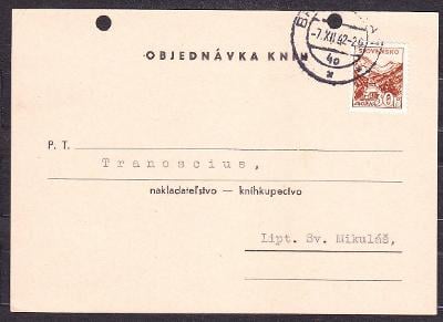 SLOVENSKÝ ŠTÁT 1942, POŠTOVÝ LÍSTOK, SLOVENSKÉ NÍHKUPECTVO- BRATISLAVA