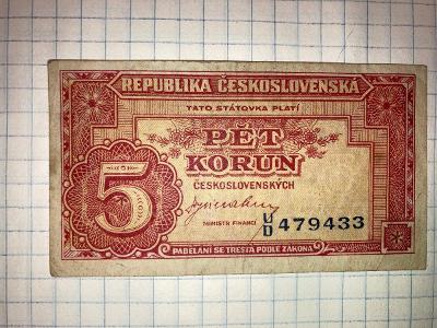 ŠTÁTOVKA 5 Kčs, PÄŤ KORÚN, ČESKOSLOVENSKO, 1945, UD, LONDÝNSKA EMISIA