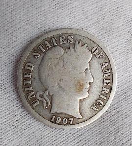 Ag mince, One ( Barber) Dime 1907 USA, stříbro 