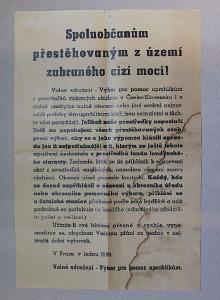 Plakát pro uprchlíky z pohraniční leden 1939 vyvěšeno v Mníšku p.Brdy