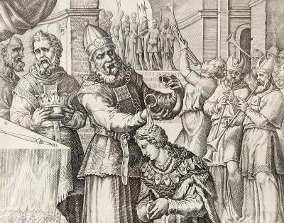 MAARTEN van HEEMSKERCK - Šalamoun na krále pomazán - mědirytina (1580)