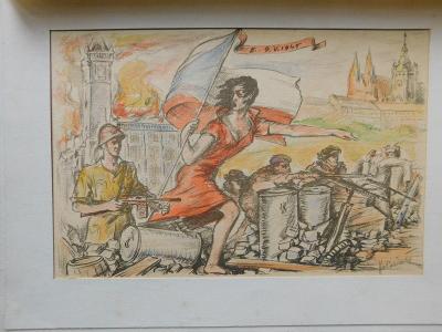 Litografie Květnového Revolučního povstání 1945 od A. Kučery s průvodn