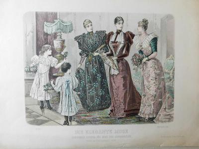 Litografie kolorovaná móda roku 1892 tisková plocha 28,5 x 21cm