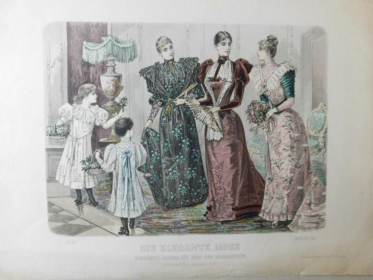 Litografie kolorovaná móda roku 1892 tisková plocha 28,5 x 21cm - Výtvarné umění