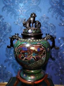 Obrovské starožitné vykuřovadlo - Japonsko - bronz - zdob. Cloisonné 