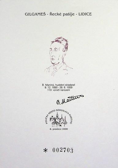 Číslovaný pamětní list Polička B. Martinů - Filatelie