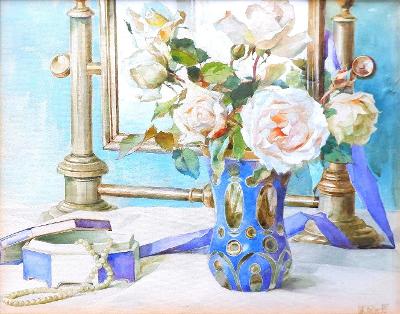 OSKAR HELLER - Květinové zátiší se šperkovnicí (akvarel, 1935)
