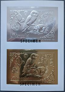 Mongolia 1993, fauna, motýli a sovy, 1ks aršík gold + silver