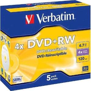 5ks DVD+RW 4,7GB/120Minut,4x, Verbatim, každé v plastové krabičce,nové
