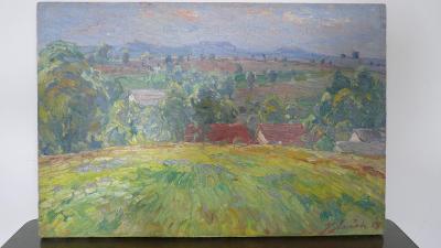 obraz malíř Jan Blažek galerijní olej krajina , rok 1958, 60*41 cm