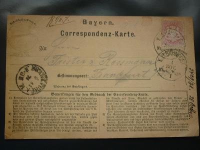 BAYERN BAVORSKO KARTE FRANKFURT BAHNPOST VLAKOVÁ 1871 2000,-kč  !!! RR