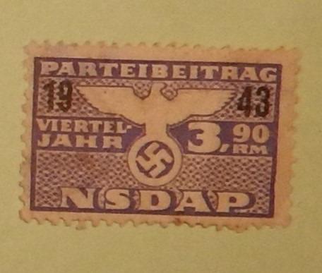 Nemecko, vojna, NSDAP, členská známka z preukazu, kolek, 1943, - Vojenské zberateľské predmety