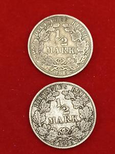 1/2 Mark - r.1905 A + 1/2 Mark r. 1905 D , dvě stříbrné mince 