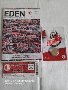 Program, vstupenka a pamětní mince k otevření stadionu Slavie v Edenu