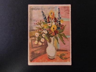 Malovaná pohlednice kytice malíř Turek