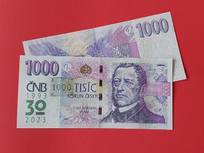 Bankovka 1000 Kč R58 s prítlačou ČNB 30 rokov - výročná po sebe idúca