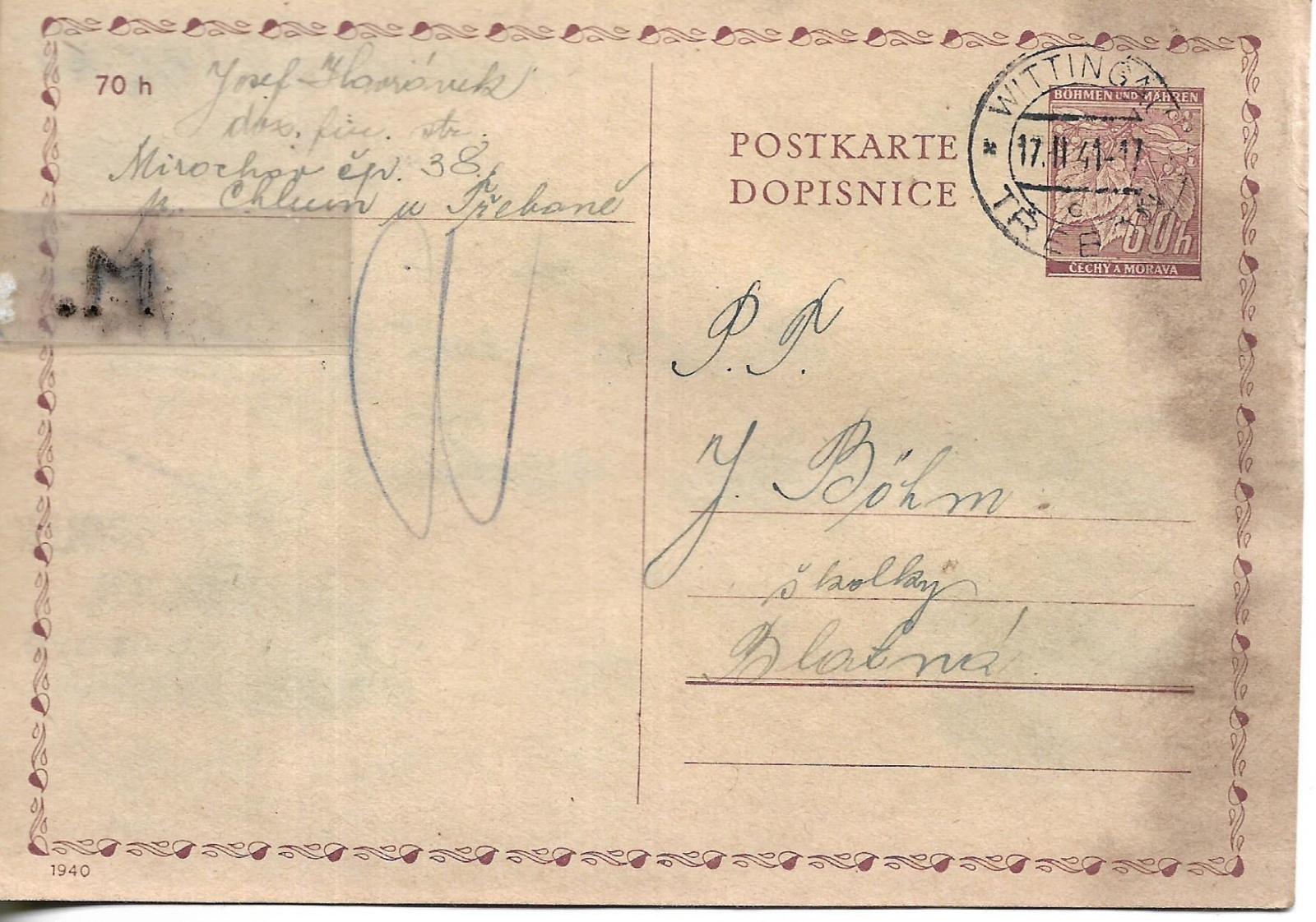 Listy CDV 7, 1941, finanč. dozorca, Mirochov, Třeboň, do Blatnej - Filatelia