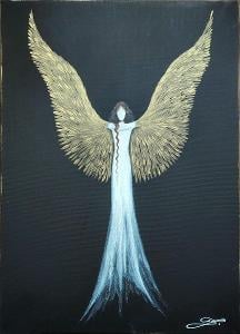 Velký anděl - akryl na plátně + zlatá barva - 70x50cm